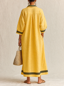 Women's Vintage Yellow Cotton-linen V-neck Three-quarter Sleeve Maxi Dress ZMZ0937G0SWL