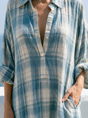 Women Autumn Cotton Blend Plaid Maxi Shirt Dress Collar Half Button Roll Sleeve Pocket Irregular Hem Loose Fall Vacation Tunic ZMZ0911G1YZH
