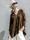 Women's Classic American Retro Faux Suede V-Neck Long-Sleeve Loose Shirt ZMZ0870G2ZYY
