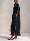 Women's Vintage Navy Blue Cotton-linen V-neck Three-quarter Sleeve Maxi Dress ZMZ0921G3SWL