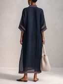 Women's Vintage Navy Blue Cotton-linen V-neck Three-quarter Sleeve Maxi Dress ZMZ0921G3SWL