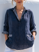 Women Premium Cotton Linen Striped Blouse Collar Half Placket Contrast Trim Roll Sleeve Pocket Loose Casual Vacation Top ZMZ0960G2YZH