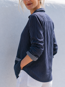 Women Premium Cotton Linen Striped Blouse Collar Half Placket Contrast Trim Roll Sleeve Pocket Loose Casual Vacation Top ZMZ0960G2YZH