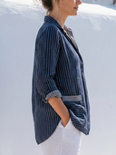 Women Premium Cotton Linen Striped Blouse Collar Half Placket Contrast Trim Roll Sleeve Pocket Loose Casual Vacation Top ZMZ0960G2YZH