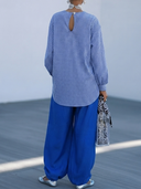 Women's Classic Casual Blue-and-White Checkered Cotton Long-Sleeve Crew-Neck Shirt And Cotton-Linen Harem Pants Set ZMZ0790G8ZYY