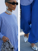 Women's Classic Casual Blue-and-White Checkered Cotton Long-Sleeve Crew-Neck Shirt And Cotton-Linen Harem Pants Set ZMZ0790G8ZYY