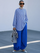 Women's Classic Casual Blue-and-White Checkered Cotton Long-Sleeve Crew-Neck Shirt And Cotton-Linen Harem Pants Set ZMZ0790G8ZYY