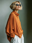 Women's Classic Casual Waffle-Knit Stand Collar Long-Sleeve Loose T-Shirt ZMZ0842G9ZYY