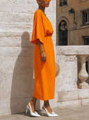 Women's Classic Orange Cotton-Linen V-Neck 3/4 Sleeve Top And Elastic-Waist Skirt Set ZMZ0910G3SWL