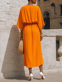 Women's Classic Orange Cotton-Linen V-Neck 3/4 Sleeve Top And Elastic-Waist Skirt Set ZMZ0910G3SWL
