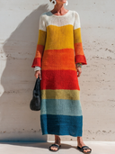 Women's Casual Resort-Style Color-Block Knit  With Crew Neck And Flared Sleeves Maxi Dress ZMZ0935G2ZYY