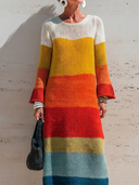 Women's Casual Resort-Style Color-Block Knit  With Crew Neck And Flared Sleeves Maxi Dress ZMZ0935G2ZYY