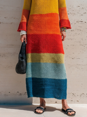 Women's Casual Resort-Style Color-Block Knit  With Crew Neck And Flared Sleeves Maxi Dress ZMZ0935G2ZYY