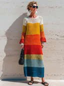 Women's Casual Resort-Style Color-Block Knit  With Crew Neck And Flared Sleeves Maxi Dress ZMZ0935G2ZYY