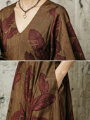 Women's Premium Vintage Cotton-Linen Printed V-Neck Lantern-Sleeve Maxi Dress ZMZ0996G2ZYY