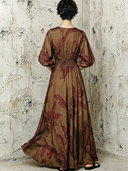 Women's Premium Vintage Cotton-Linen Printed V-Neck Lantern-Sleeve Maxi Dress ZMZ0996G2ZYY