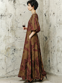 Women's Premium Vintage Cotton-Linen Printed V-Neck Lantern-Sleeve Maxi Dress ZMZ0996G2ZYY