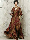 Women's Premium Vintage Cotton-Linen Printed V-Neck Lantern-Sleeve Maxi Dress ZMZ0996G2ZYY