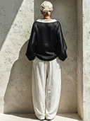 Women's Premium Minimalist Satin Boat-Neck Long-Sleeve Top And Cotton-Linen Wide-Leg Pants Set ZMZ0940G9ZYY