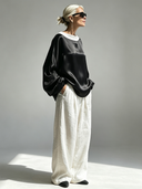 Women's Premium Minimalist Satin Boat-Neck Long-Sleeve Top And Cotton-Linen Wide-Leg Pants Set ZMZ0940G9ZYY