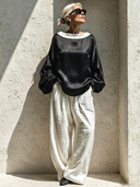 Women's Premium Minimalist Satin Boat-Neck Long-Sleeve Top And Cotton-Linen Wide-Leg Pants Set ZMZ0940G9ZYY