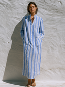 Women's Retro Casual Lazy Style Striped Print Stand Collar Long Sleeve Maxi Dress ZMZ1023G7ZJY