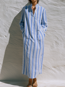 Women's Retro Casual Lazy Style Striped Print Stand Collar Long Sleeve Maxi Dress ZMZ1023G7ZJY
