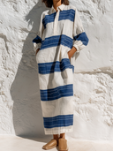 Women's Retro Casual Striped Print Lapel Color Block Long Sleeve Maxi Dress ZMZ1093G2ZJY
