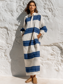 Women's Retro Casual Striped Print Lapel Color Block Long Sleeve Maxi Dress ZMZ1093G2ZJY