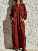 Women's Retro Casual Cotton PU Patchwork Henley Collar Long Sleeve Maxi Dress ZMZ1072G6ZJY
