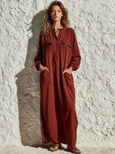Women's Retro Casual Cotton PU Patchwork Henley Collar Long Sleeve Maxi Dress ZMZ1072G6ZJY