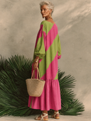 Women's Cotton Color-Block Square-Neck Lantern-Sleeve Maxi Dress ZMZ0968G4XT