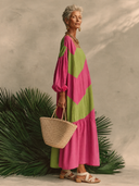 Women's Cotton Color-Block Square-Neck Lantern-Sleeve Maxi Dress ZMZ0968G4XT