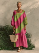 Women's Cotton Color-Block Square-Neck Lantern-Sleeve Maxi Dress ZMZ0968G4XT