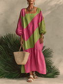 Women's Cotton Color-Block Square-Neck Lantern-Sleeve Maxi Dress ZMZ0968G4XT