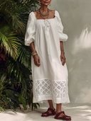 Women's Square Neck Puff Sleeve Crochet Lace Hem Maxi Dress ZMZ0906G1XT