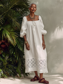 Women's Square Neck Puff Sleeve Crochet Lace Hem Maxi Dress ZMZ0906G1XT