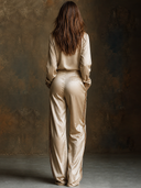 Women's Retro Elegant Casual Satin Sequin Patchwork Long-Sleeve Shirt And Pants Set  ZMZ0986G5ZJY