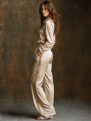 Women's Retro Elegant Casual Satin Sequin Patchwork Long-Sleeve Shirt And Pants Set  ZMZ0986G5ZJY