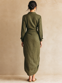 Women's Retro Casual Cotton Linen Collared Button-Down Long-Sleeve Midi Dress ZMZ0996G0ZJY