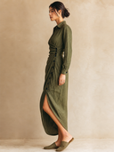 Women's Retro Casual Cotton Linen Collared Button-Down Long-Sleeve Midi Dress ZMZ0996G0ZJY