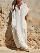 Women's Loose-Fit Cotton-Linen V-Neck Long Kaftan Dress ZMZ0918G8XT