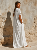 Women's Loose-Fit Cotton-Linen V-Neck Long Kaftan Dress ZMZ0918G8XT