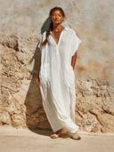 Women's Loose-Fit Cotton-Linen V-Neck Long Kaftan Dress ZMZ0918G8XT