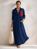 Women's Classic Navy Blue Corduroy Long-sleeved Maxi Dress ZMZ1005G7SWL