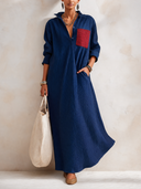 Women's Classic Navy Blue Corduroy Long-sleeved Maxi Dress ZMZ1005G7SWL