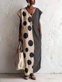 Women's Cotton And Linen Patterned V-neck Short-sleeved Maxi Dress ZMZ1023G1SWL