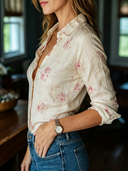 Women's Retro Casual Printed Cotton Collared Long-Sleeve Shirt ZMZ0964G2ZJY
