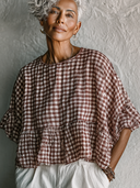 Women's Plaid Ruffle Sleeve Loose Short-sleeved Shirt ZMZ0980G3XT