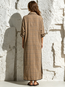 Women's Retro Casual Plaid Print Lapel Long Sleeve Maxi Dress ZMZ0914G9ZJY